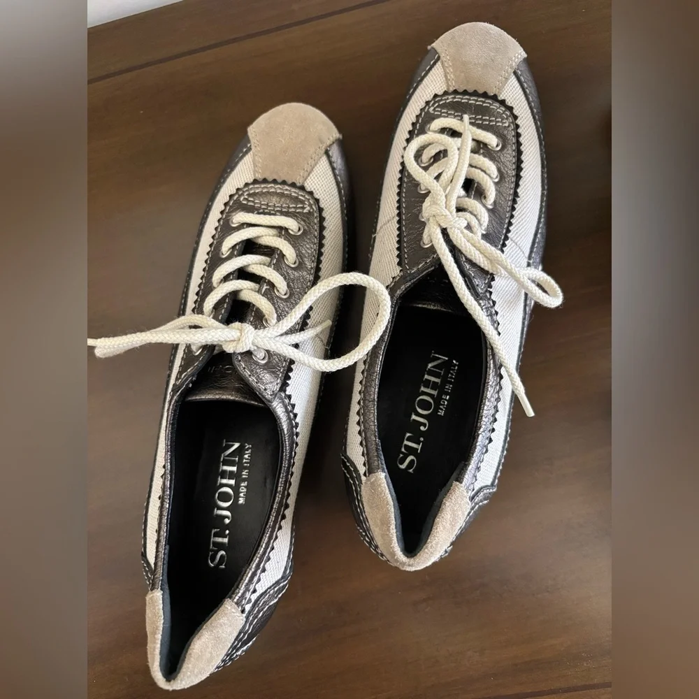 St. John Metallic Leather Beige/Cream Canvas Detail Sneakers Like New